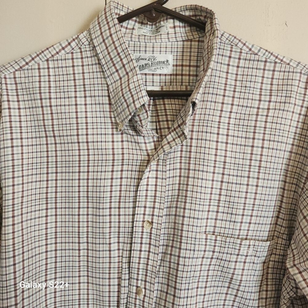 M12 Vintage Sears Roebuck & Co Button-Down Shirt Brown & Green Plaid Long Sleeve